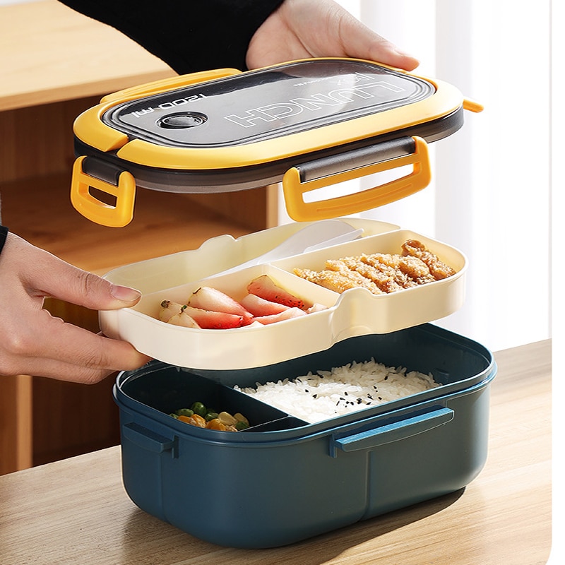 1Pc Bento Box, Lunch Box, Double Layered Lunch Box With Spoon & Fork