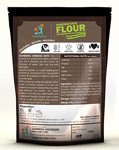 Leanbeing Immense Keto Flour with Benefits of Spirulina 500G | Only 3% Net Carbs. | Low Carb Gluten Free Flour (FROM INDIA) JEZ. 