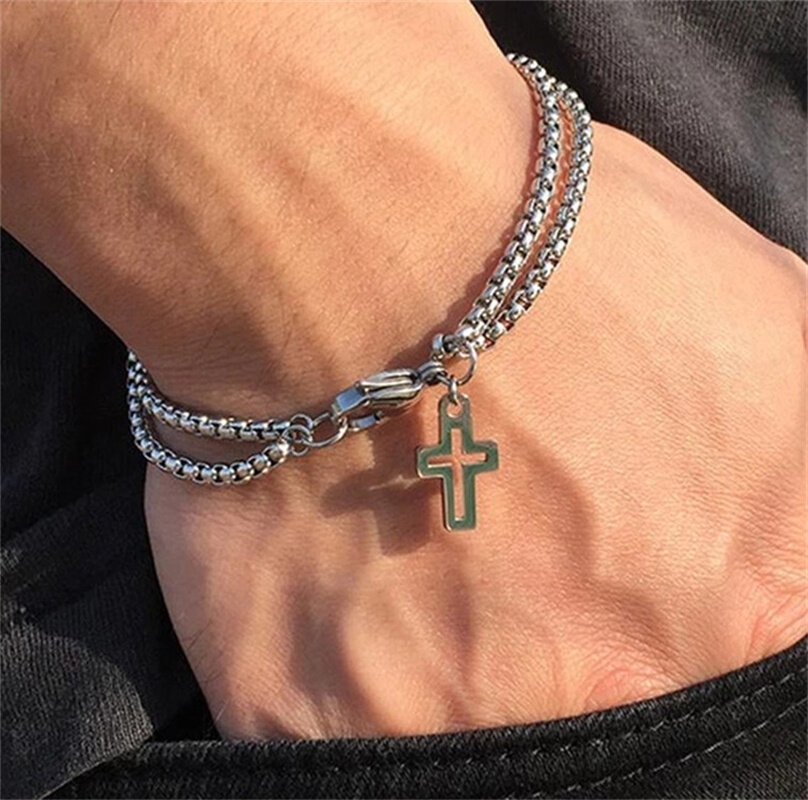 Double Layer Rolo Chain with Cross Charms Bracelet Bangle for Men Stainless Steel Wristband Lobster Claw Clasp Closure Daraz.lk