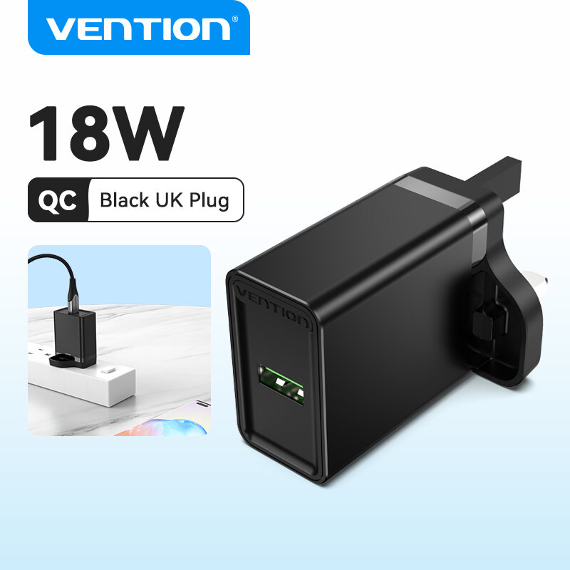 Vention USB Charger Fast Charging Quick 18W Fast Charge QC 3.0 USB Android Fast Charger for Huawei, Redmi Note 10 Pro, Xiaomi Poco X3 NFC, SAMSUNG S20, Realme 6 Pro Wall Charger