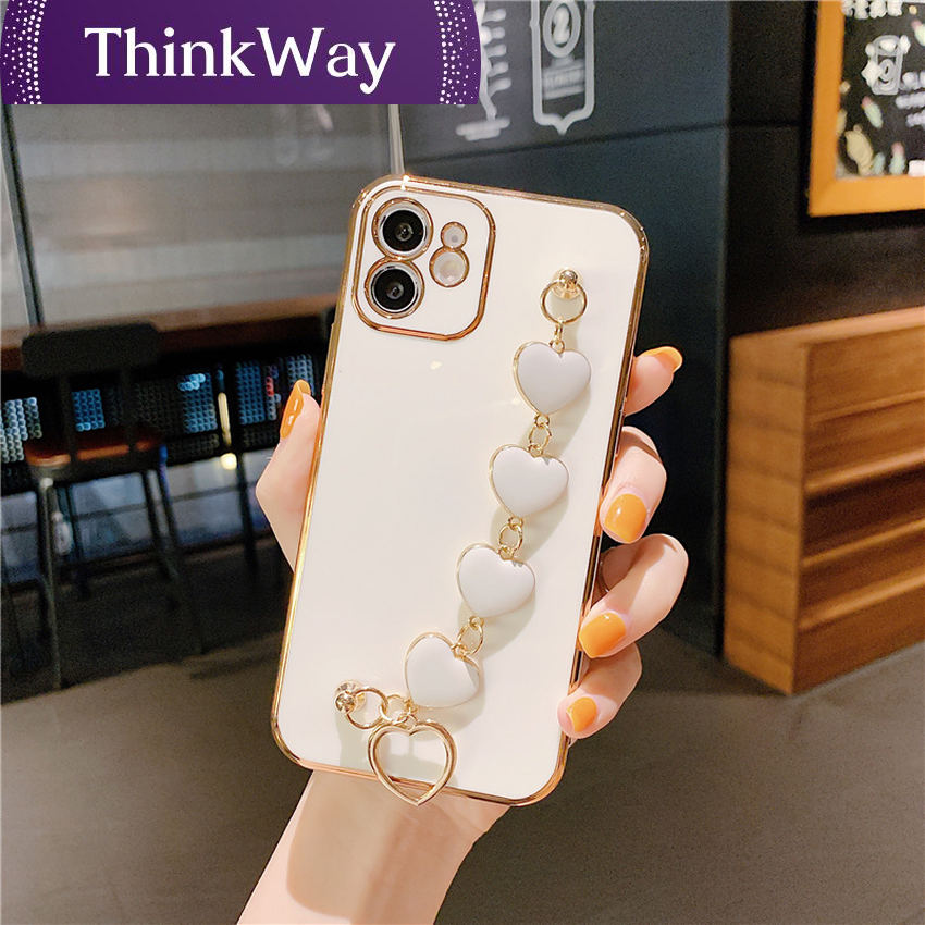 【ThinkWay】Luxury Plating Love Heart Chain Wrist Bracelet Soft Phone Case for Iphone 13 12 Pro Max X XS XR 11 Pro Max 7 8 Plus Coque Cover. 