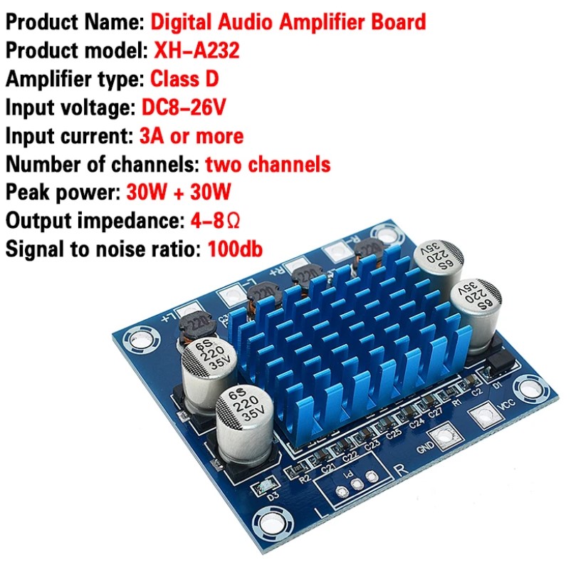 Digital Stereo Power Amplifier Board - Crystal Clear Sound Output -  TPA3110 XH-A232 30W+30W 2.0 Channel , DC 8-26V 3A C6-001. 