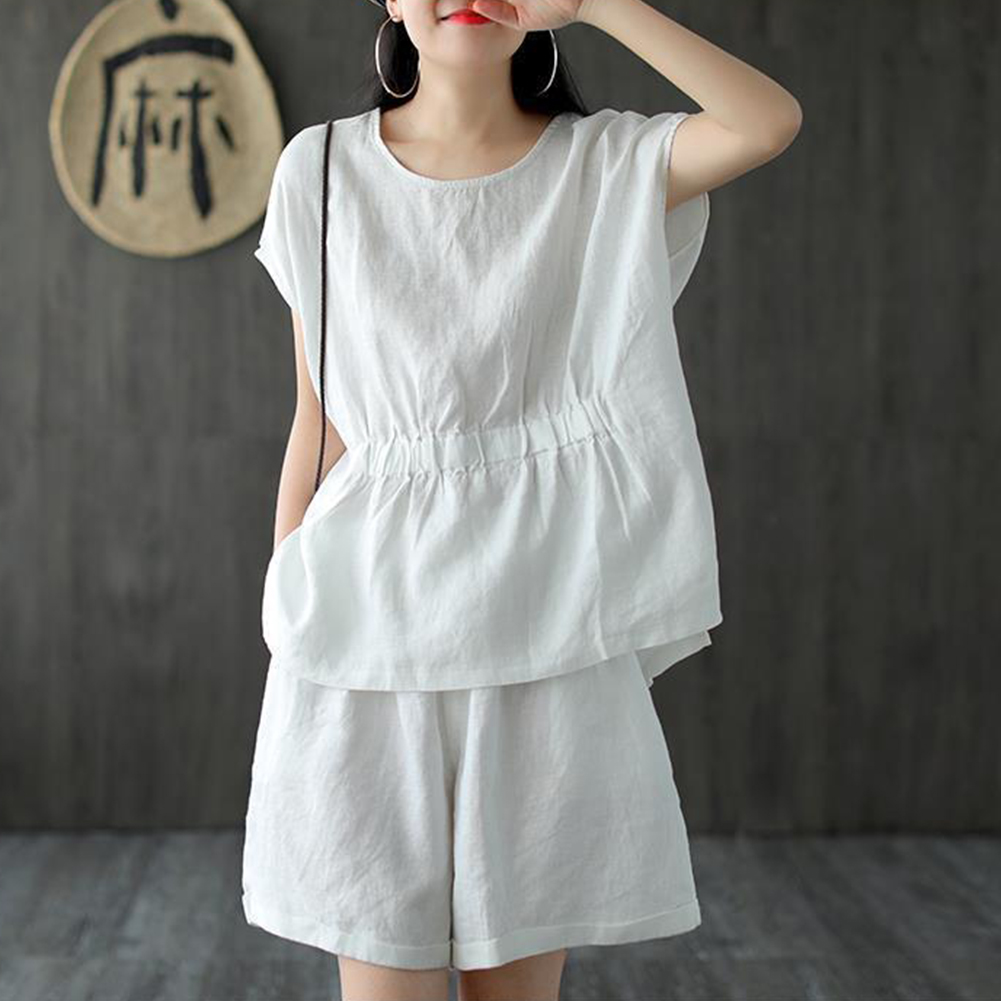 bellylady 2pcs/set Women Cotton Linen Short Sleeve T-shirt +short Pants Classic Round Neck Solid Color Loose Elastic Waist Casual Short  Sets. 