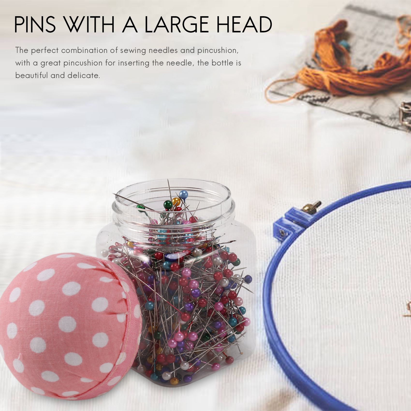 500Pcs Sewing Pins Pearl Needles Pink Fabric Cover Pin Cushion Bottle Tailoring Process. 