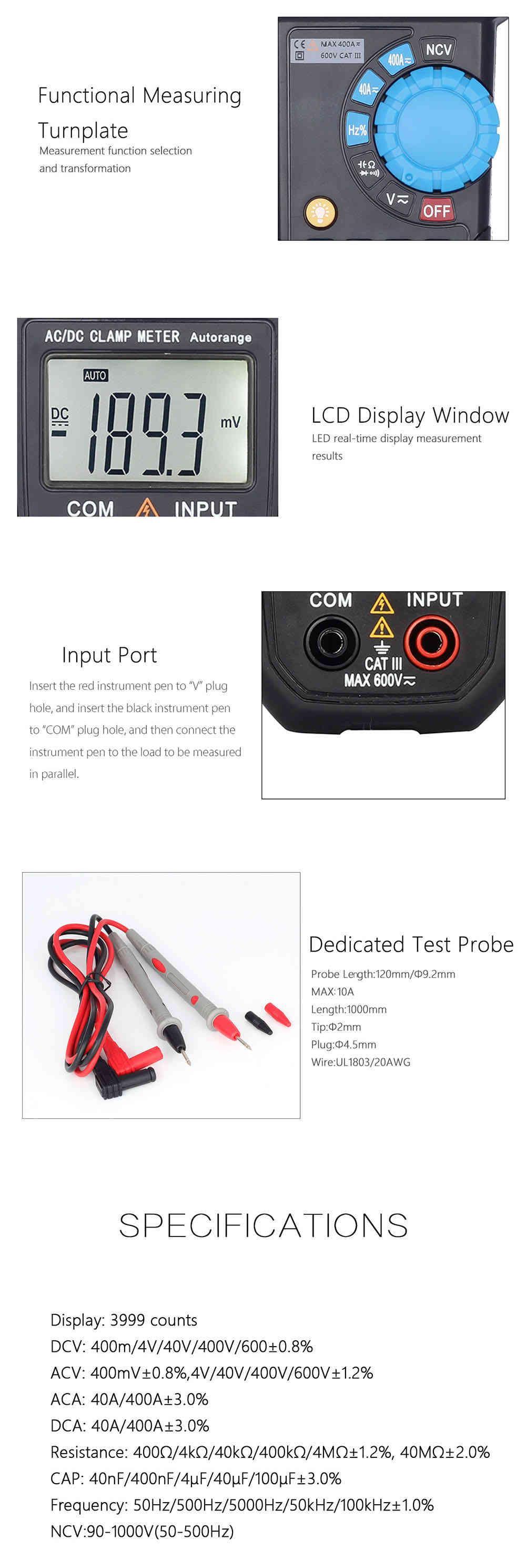 BSIDE ACM03 Plus 400A Digital Clamp Meter Auto Range AC / DC Current Voltage Frequency NCV Tester BSIDE ACM03 Plus 400A Digital Clamp Meter Auto Range AC / DC Current Voltage Frequency NCV Tester