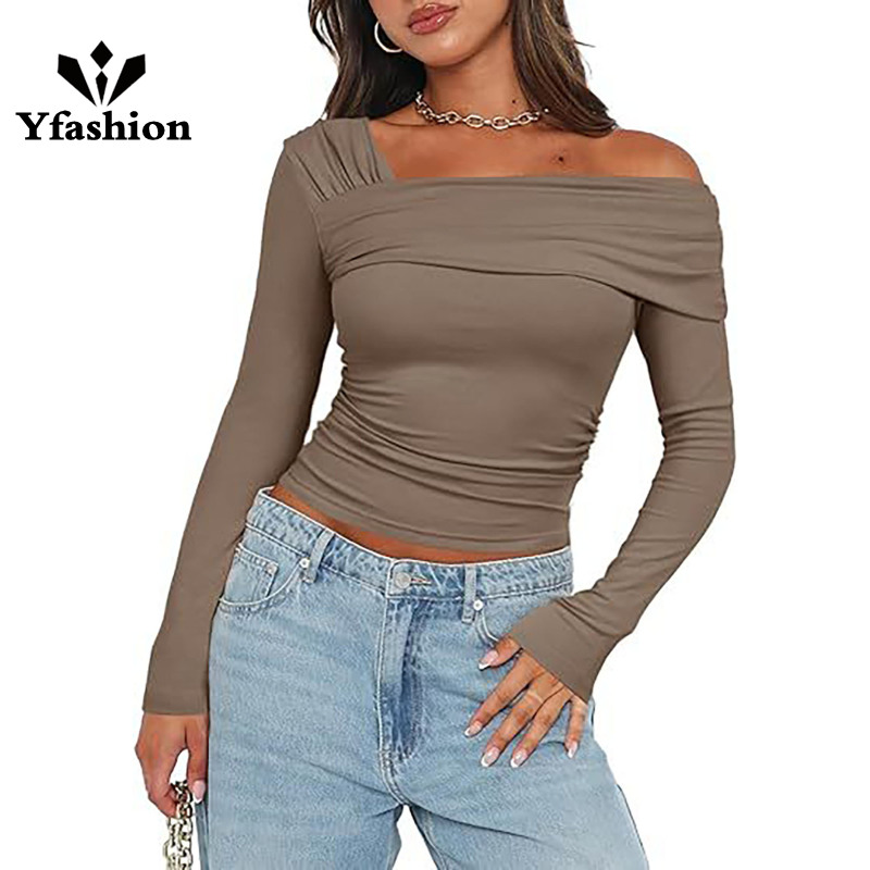 Yfashion Women's Casual Tops One Off Shoulder Long Sleeve Top Ruched Slim Fit Shirt Crop Top Fashion Trendy Tee Shirt