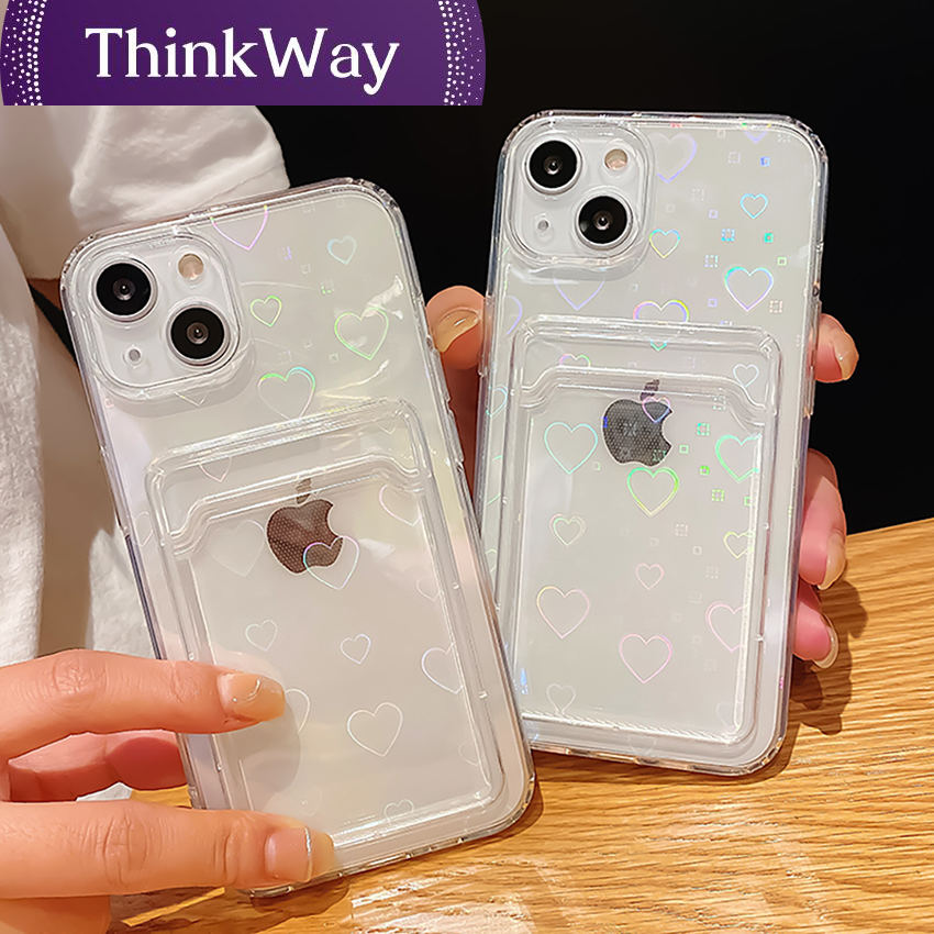 【ThinkWay】Holographic Heart Phone Case For iPhone 13 Pro Max 11 12 XR 6 7 8 Plus XS X SE   Clear Wallet Card Holder Storage Cover