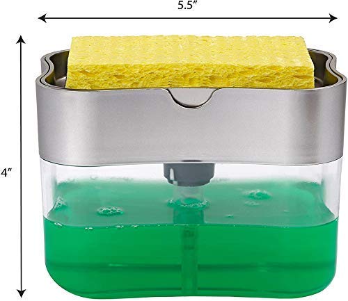 Soap Dispenser and Sponge Holder for Kitchen Sink, Sponge Included, 13 Ounces, Metallic Silver. 