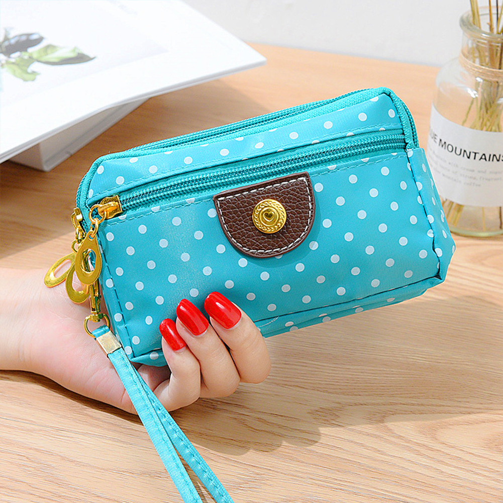 Yfashion women canvas handbag 3 layers zipper dot printing wallet color mobile phone case. 