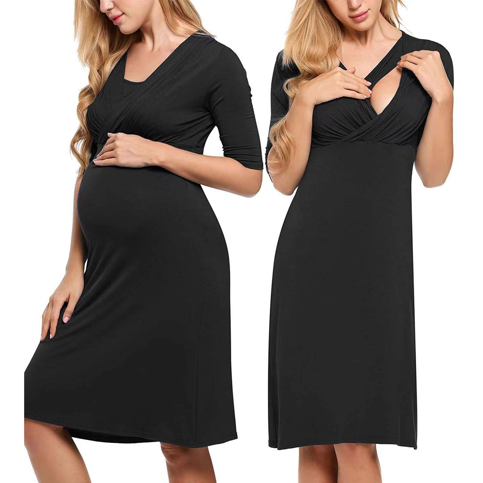 【HOT】 2023 New Breastfeeding Nightwear Women Pregnant Maternity Solid Color Tunic Breastfeeding Summer Comfy Maternity Dress Vestido. 