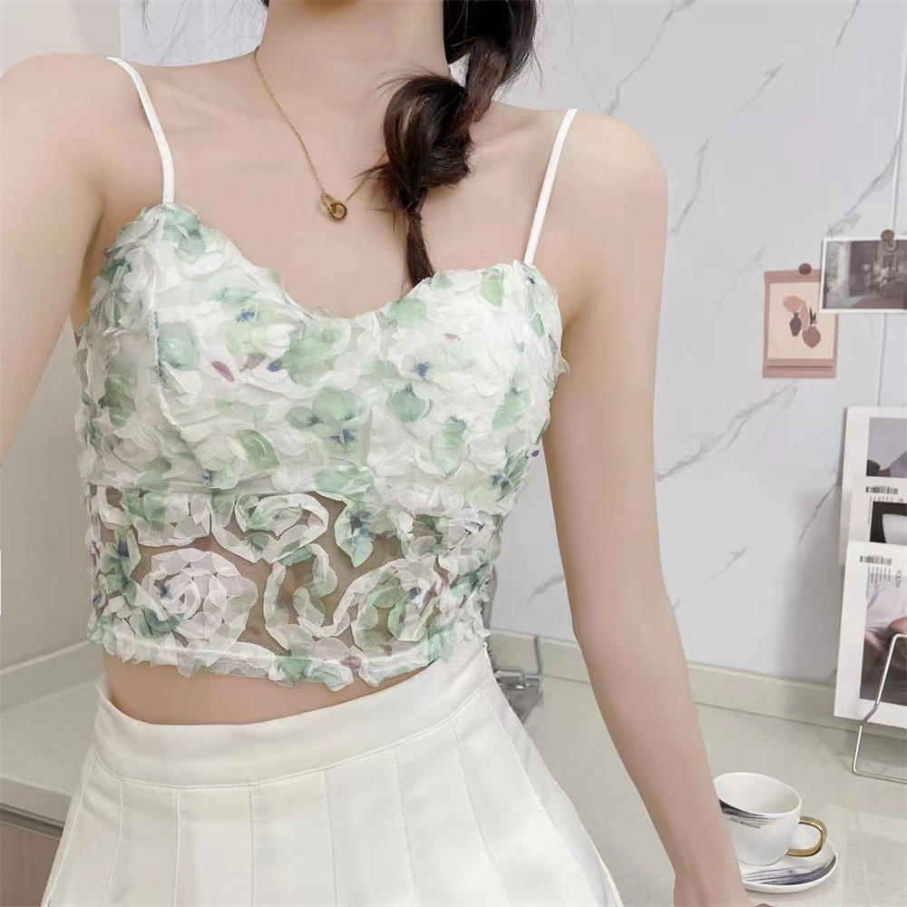 Floral Corset Vest Elastic Sweet Lace Crop Top Mesh Tube Top for Casual Evening Out Summer Wear Apparel Young Adults. 