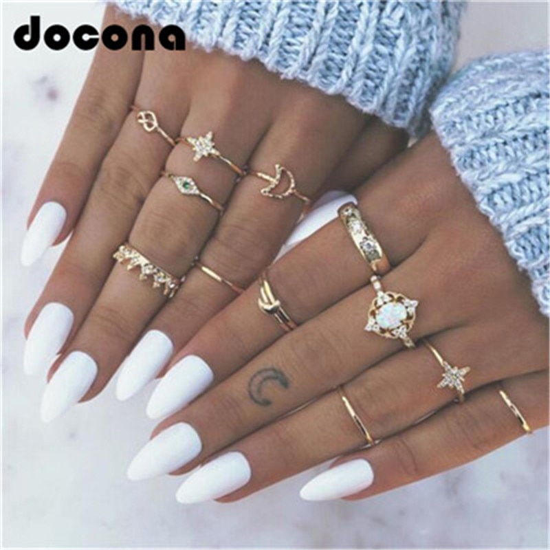 Trendy Gold Color Crystal Moon Star Crown Shape Ring Set for Women Girl Metal Geometric Rhinestone Midi Ring 3377. 