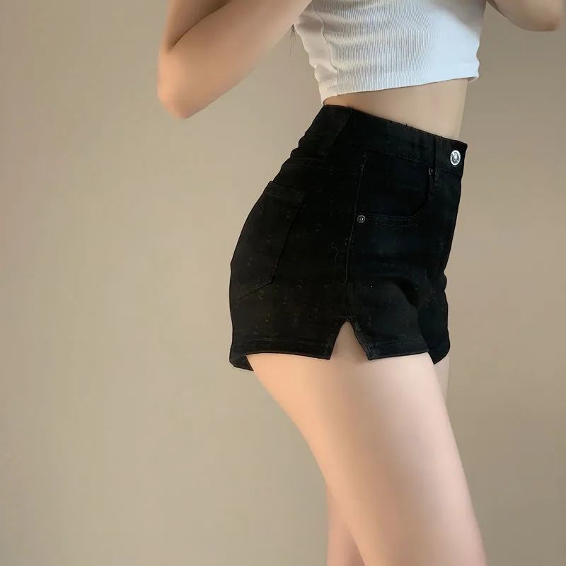 Light Blue Split Denim Shorts Women's Hot Girl Summer New High Waist Slimming and Tight Stretch All-Matching a Word Hot Pants Tide. 