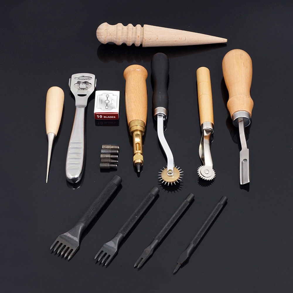 Migeet Sewing Craft & Leather Tools Set 18 Pcs Leather Craft DIY Tool for Hand Sewing Stitching,Stamping Set and Saddle Making,Stitching Carving Working. 