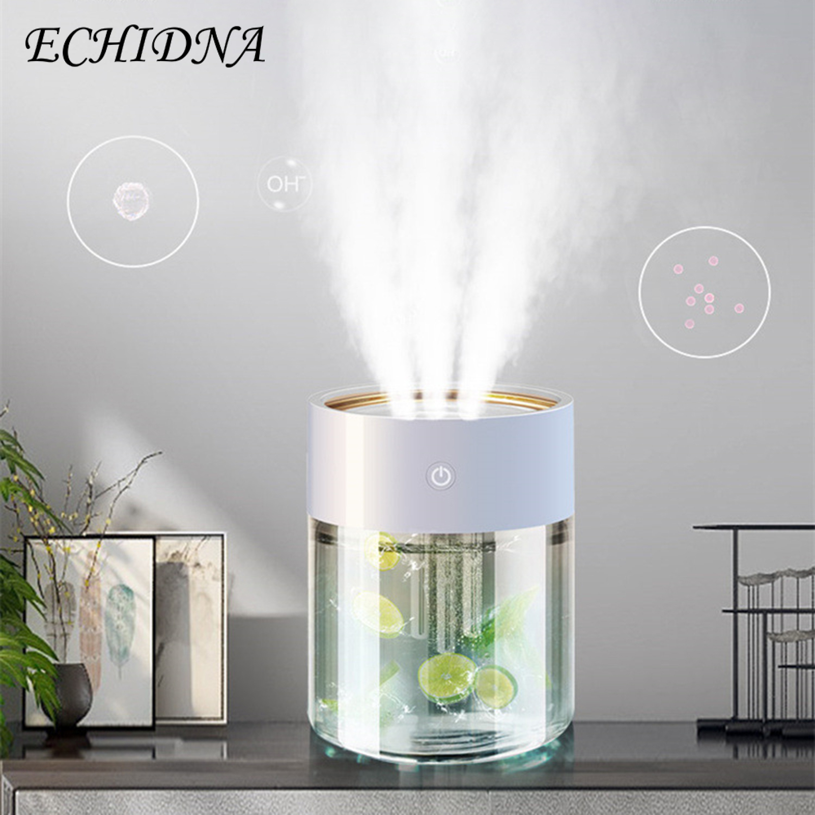 2L Cool Mist Humidifier Powerful Large Capacity White Three Holes Design Portable Humidifier for Living Room. 