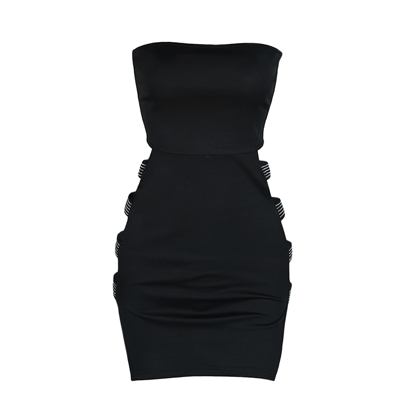 Womenoomph Tube Tops Pencil Dress Fashion Solid Color Rhinestone Hollow Skinny Short Dress. 