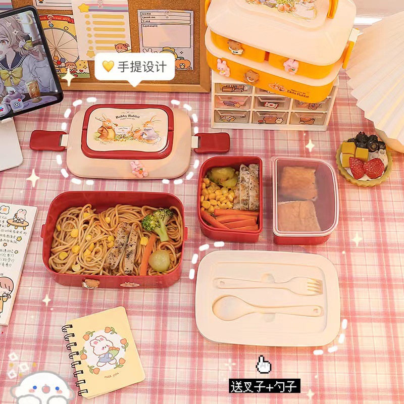 Portable Food Grade Large Capacity Lunch Box Bento Box Japanese Student with Cover Double Layer Plastic Microwaveable Heating. 