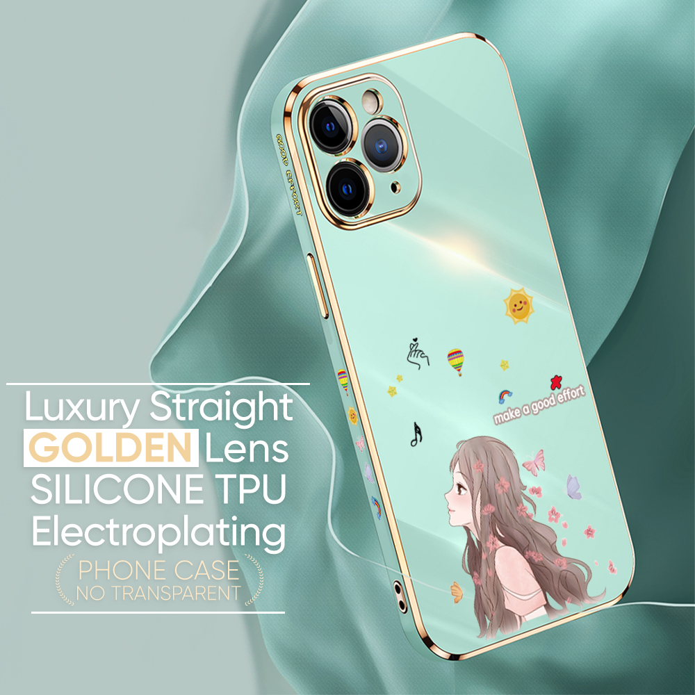 TA for iPhone 7 Plus 8 Plus Back Cover + Free Lanyard Charming Girl Luxury 6D Plating Case Side Pattern Soft Silicone Square Phone Cases for Girls. 