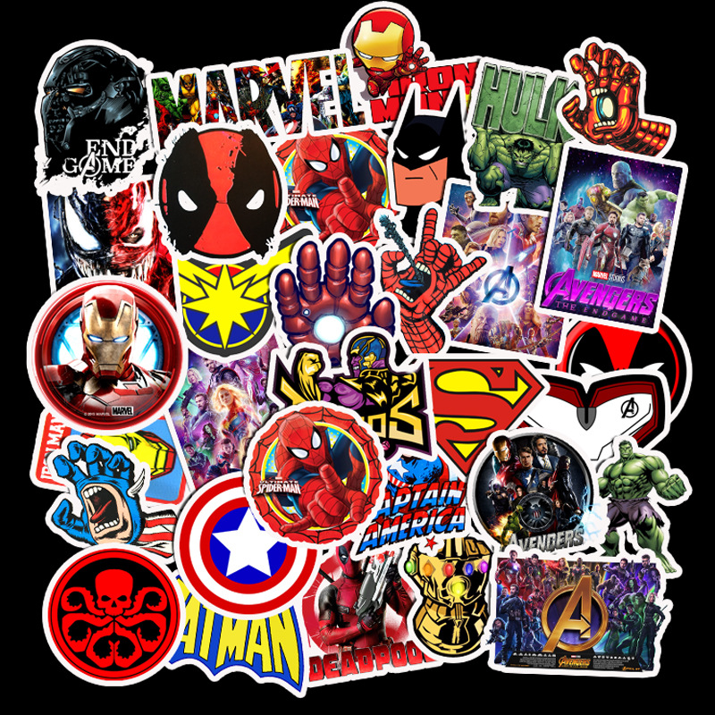 50pcs Marvel Stickers The Avengers Spider Man Iron Man Batman Waterproof  Skateboard Guitar Luggage Laptop Cartoon Sticker Kids Toys