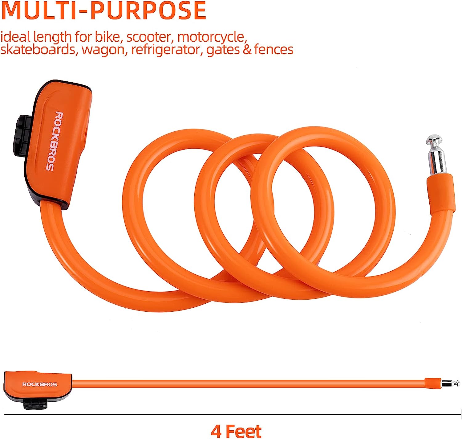 ROCKBROS Bike Lock Cable 4 Feet Bicycle Cable Lock with Mounting Bracket 2 Secure Keys 1/2 Inch Diameter. 