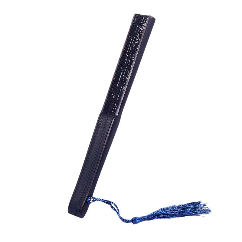 Folding bamboo lace hand fan, dark blue erfly and white flower. 