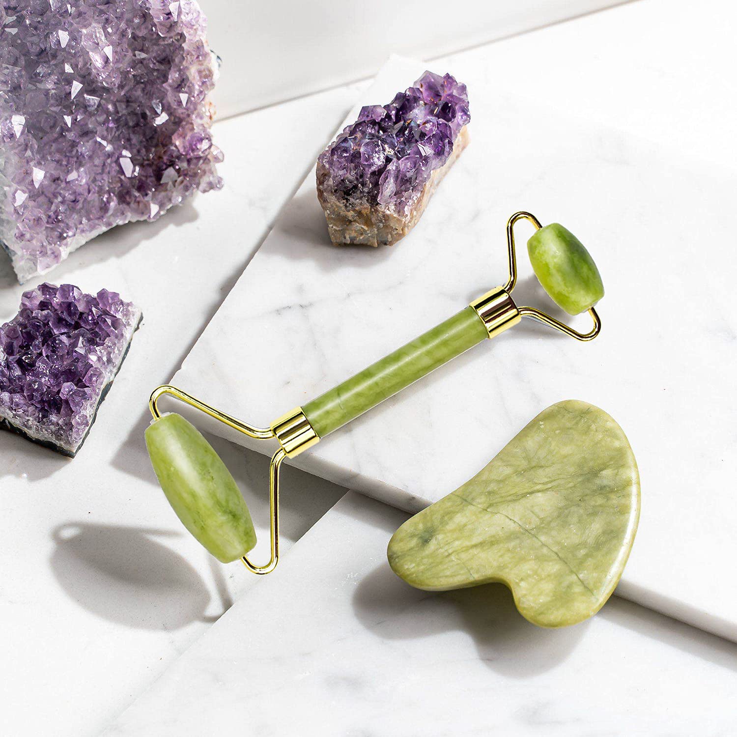 Gua Sha and Jade Roller Gift Set Green Gua Sha Facial Massage Tool for Face Neck and Eye Treatment Korean Facial Roller for Skin Care Routine. 