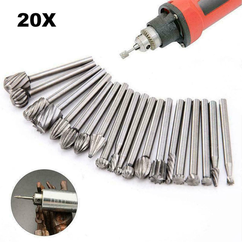 Electric Grinder Accessories High Speed Steel Grinding Bit Drill Bit Grinding Head Alloy Rotary File Woodworking Milling Cutter 20pcs. 