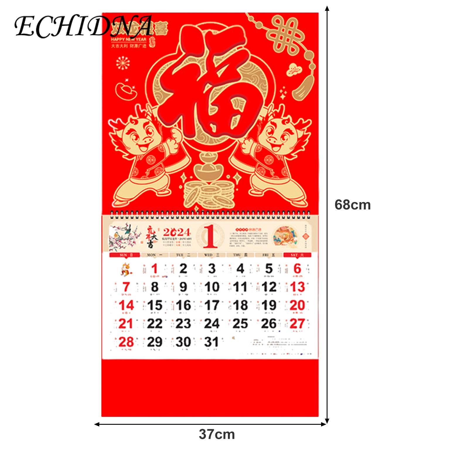 Year of the Dragon Wall Calendar 2024 Red Chinese New Year Wall Calendar Double Coil Tearable Monthly Ornament for Home Office Lunar Dates Wall Calendar. 