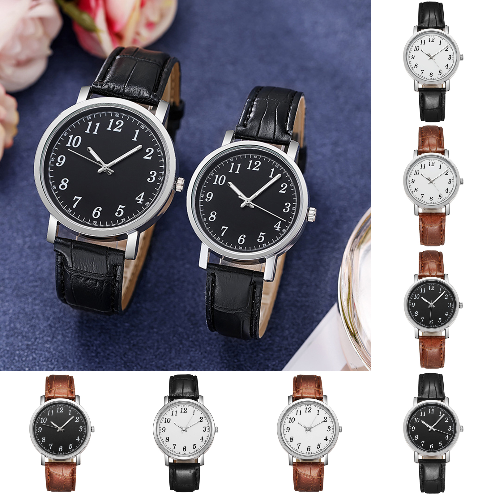 Couple Watch Round Battery Operated Faux Leather Strap Elegant 3-Hand Birthday Gift Adjustable Men Women Quartz Wrist Watch Fashion Jewelry. 
