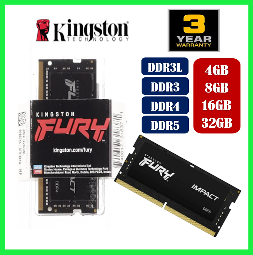 Kingston Fury Beast Laptop/Notebook RAM DDR3L/ DDR3/ DDR4/ DDR5- 4GB/8GB/16GB/32GB Ram - 1333/1600/2400/2666/3200/4800/5600 SO-DIMM Memory Ram