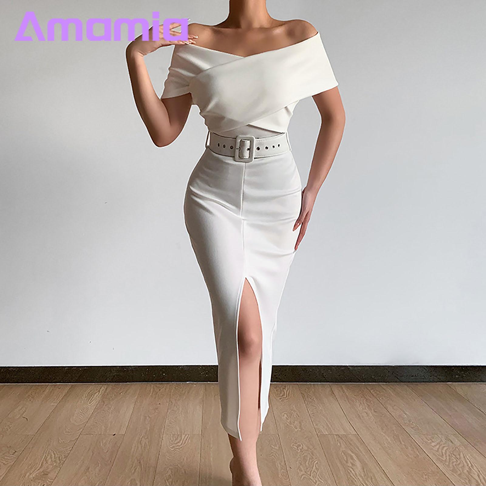 Evening Dress Solid Color Elegant Off Shoulder Front Split Bodycon Dress. 