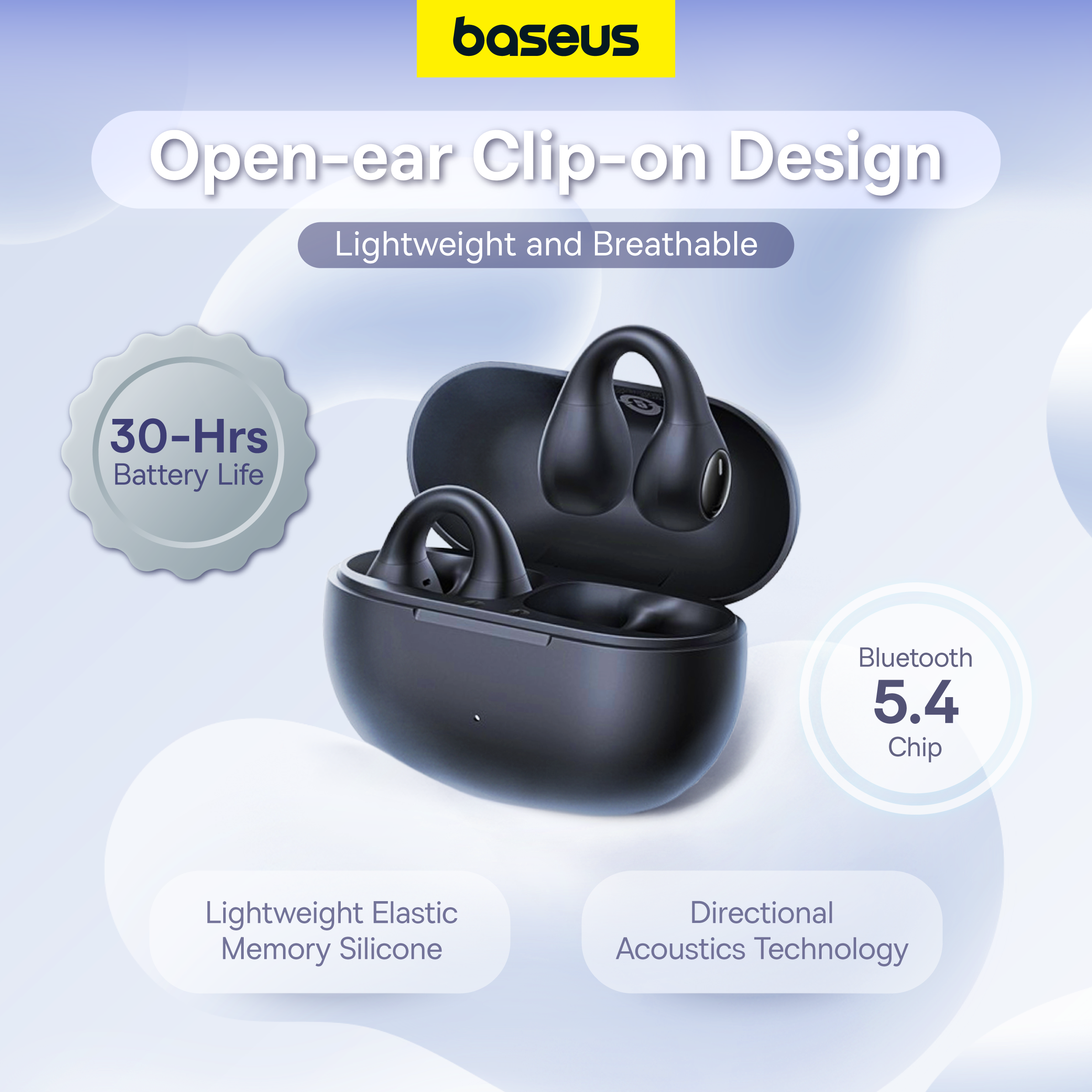 Baseus Bass 15 Clip Open-Ear TWS Earbuds Earphone Clip-Ons Sports Headphones Ultra Lightweight Long Battery Low Latency with 3dB 2-mic ENC. 