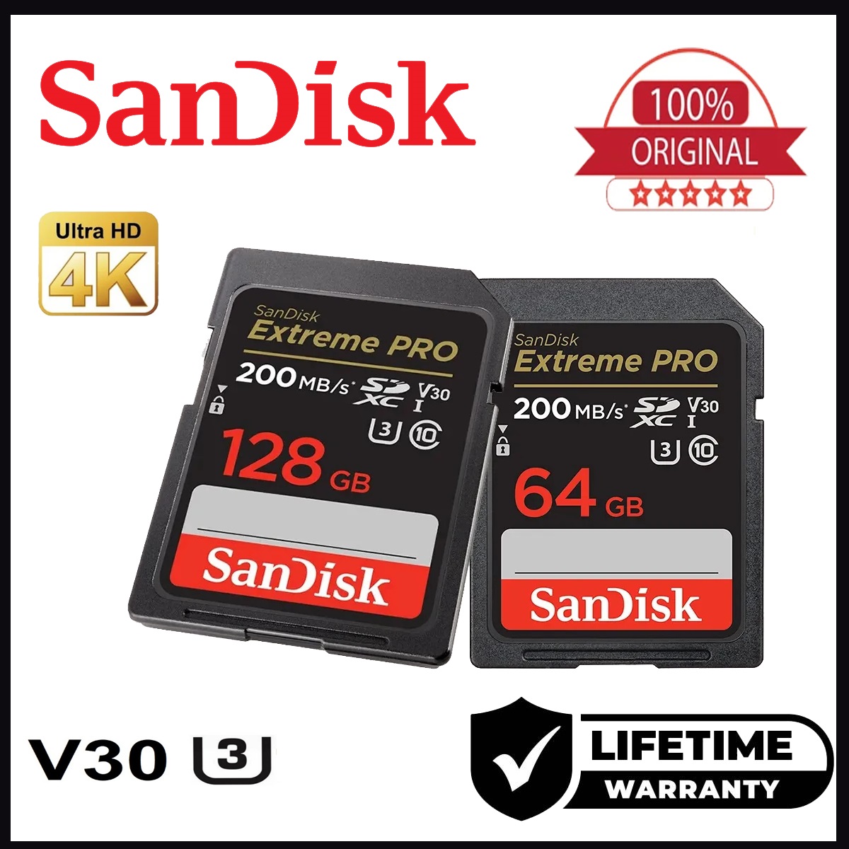 SanDisk Extreme Pro 64GB ,128GB SD Card C10, U3, V30, 4K 200Mb/s International Version
