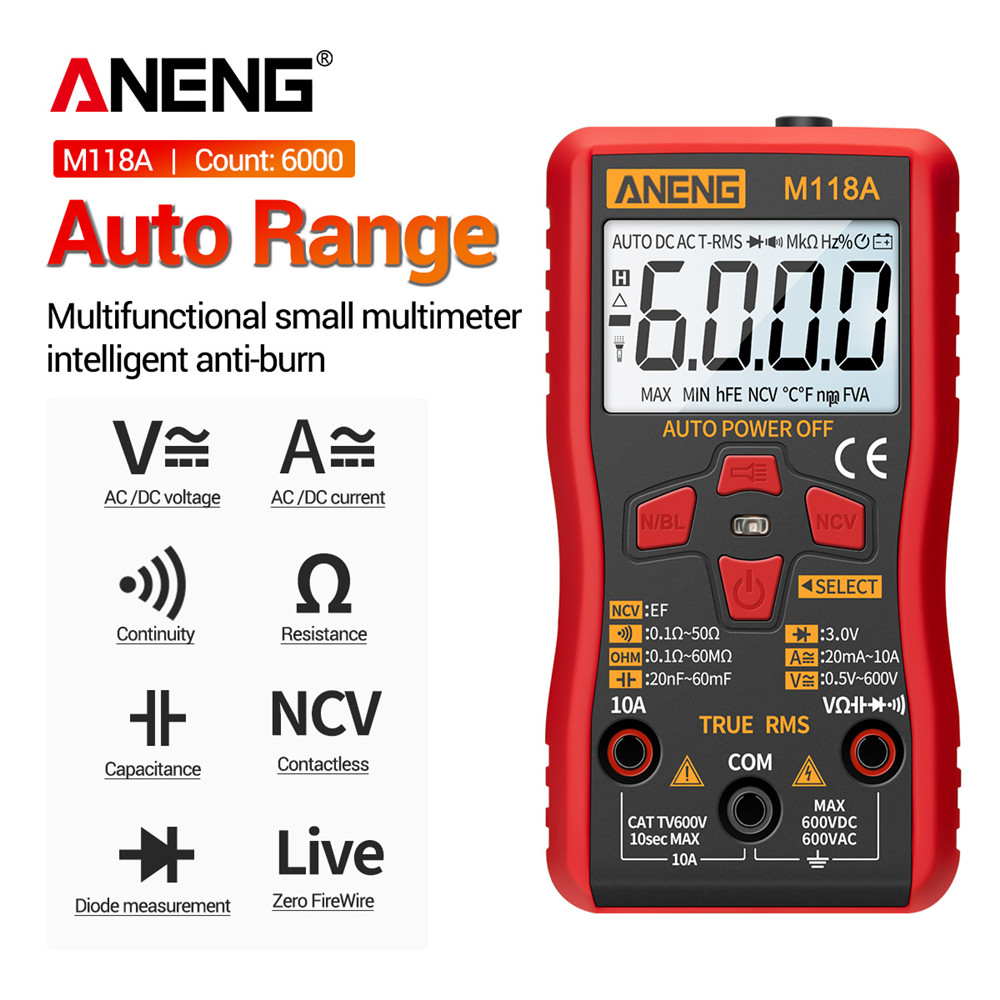 ANENG M118A Digital Mini Multimeter Tester True Rms Auto Mmultimetro Tranistor Meter with NCV Data Hold 6000 Counts Flashlight. 