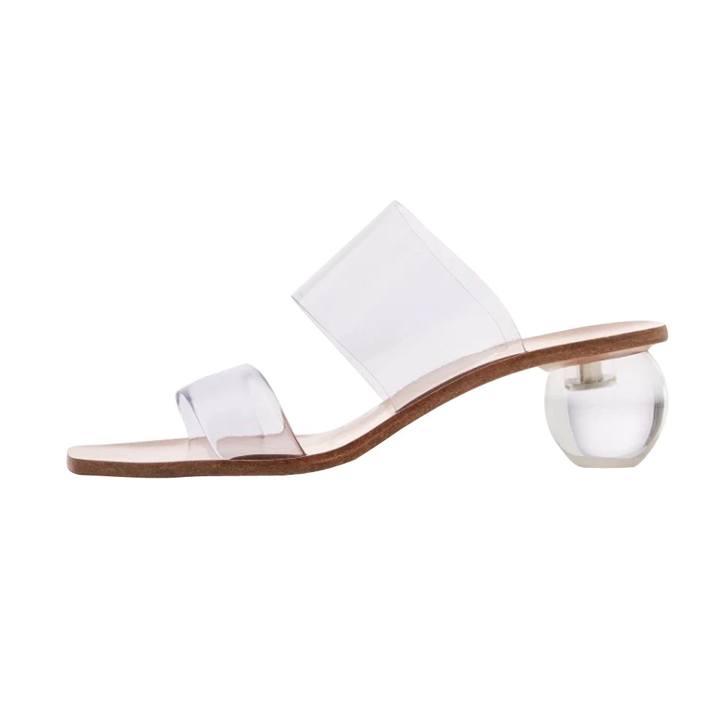 【BestGO】 Women Slipper Summer Crystal Heel Beach Slippers Transparent Square Toe Shoes. 