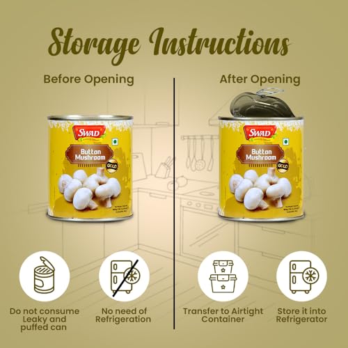 SWAD Premium Canned Button Mushrooms in Brine | Protein-Rich & High in Fiber | Gluten-Free & Low Calorie | Farm Fresh, Vegan & Ready-to-Eat Mushrooms | 800g (Pack of 1) (FROM INDIA)SAB. 