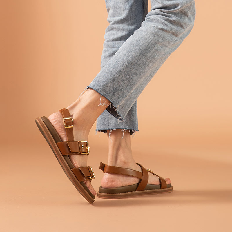 【ALLGOOD】BeauToday  Sandals Women  Cow  Round Toe Double Buckle Summer Beach Back S  Flat Shoes 32353. 