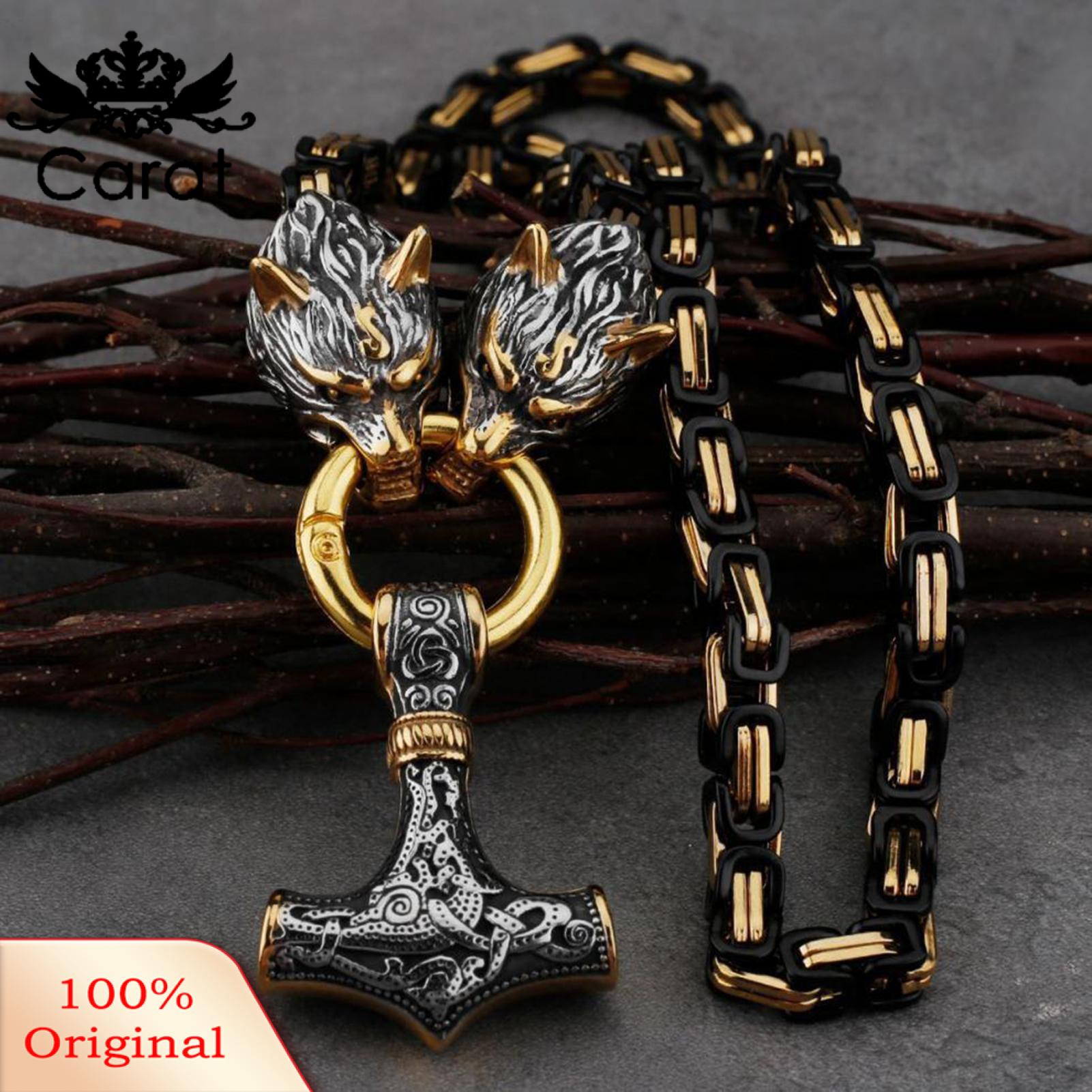 Carat Protective Charm Necklace Viking Hammer Wolf Head Pendant Necklace Symbol of Strength Perfect for Birthdays Weddings Christmas Gifts Retro Nordic Style Men's Jewelry Stainless Steel Necklace. 