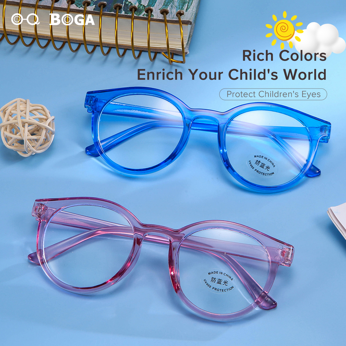 OQ BOGA 5 Colors Fashion Unisex Anti Blue Light Plastic Oval Frame Kids Computer Glasses Boys Girls Eye Protection Radiation Protection Full Rim Eyewear. 