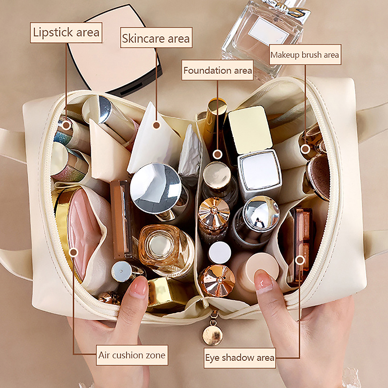 Pu Makeup Bag With Handle, Multi-functional Makeup Bag, Waterproof Portable Multi-layer PU Toiletries Cosmetics Storage Bag. 