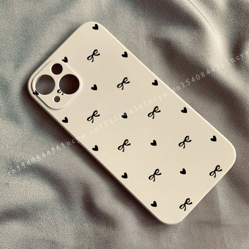 Korean Cute Pink Bow Phone Case for IPhone 16 15 14 12 11 Pro Max 13 Mini XR XS X 7 8 Plus Love Heart Soft Square Silcone Cover. 