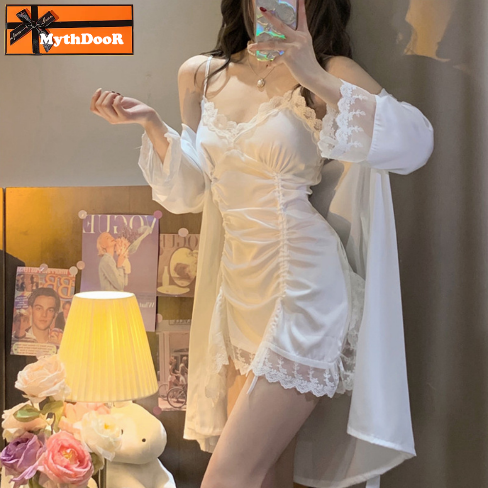 SYQ Xia Chun's Pajamas Women's Lace Sling Nightgown Nightgown Two-Piece Home Clothes With Chest Pad