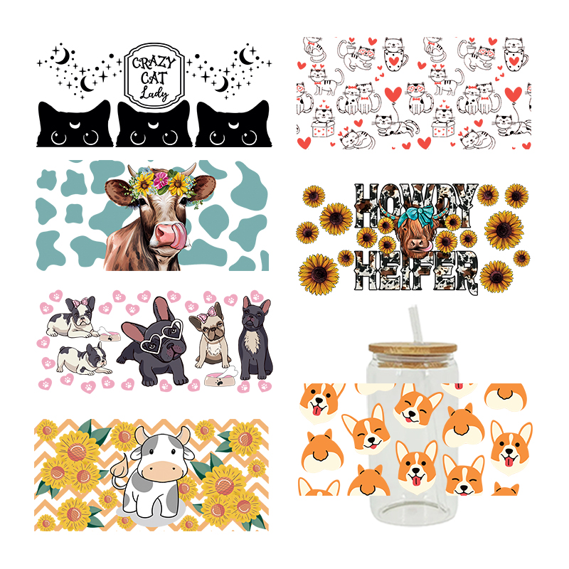 3D UV DTF Transfers Stickers 16oz Cup Wraps Cow Dog Cat Animal Printed For DIY Glass Ceramic Metal Leather Etc. D2266