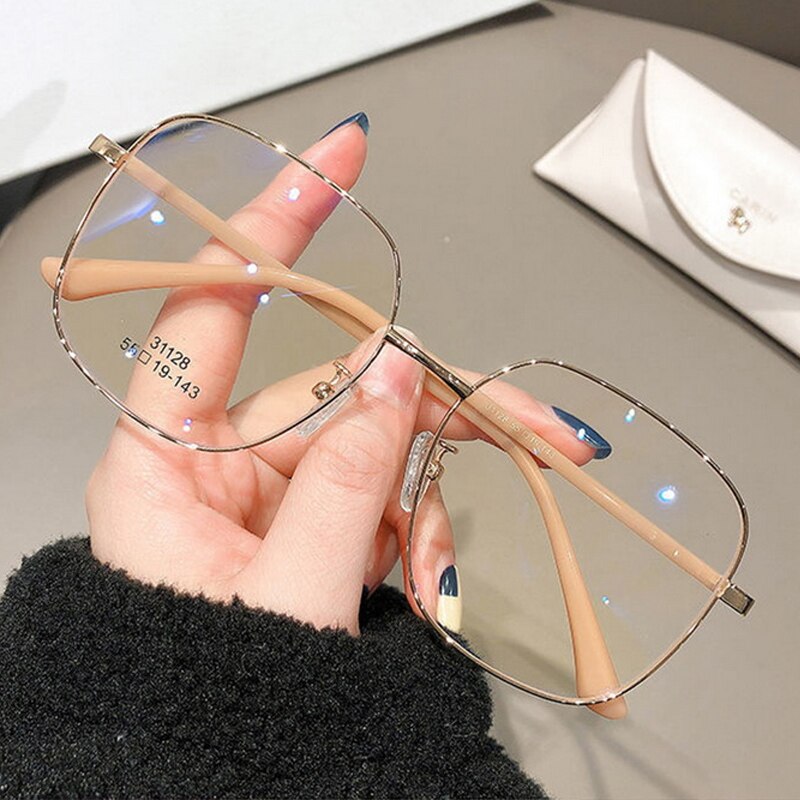 Fashion Elegant Anti Blue Light Glasses Big Square Transparent Metal Frame for Women Men Computer Eye Protection Spectacles