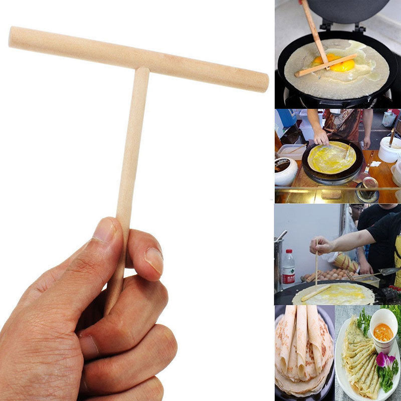 Practial T Shape Crepe Maker Pancake Batter Wooden Spreader Stick Home Kitchen Tool Kit DIY Use. 