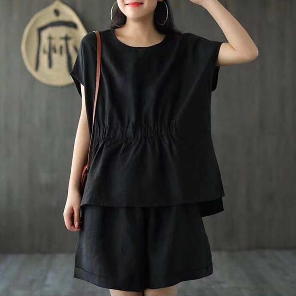 bellylady 2pcs/set Women Cotton Linen Short Sleeve T-shirt +short Pants Classic Round Neck Solid Color Loose Elastic Waist Casual Short  Sets. 