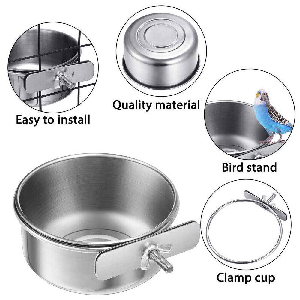 Pet Stainless Steel Food Water Bowl Bird Feeder Crate Cage AU 10/12/14cm Parrot. 