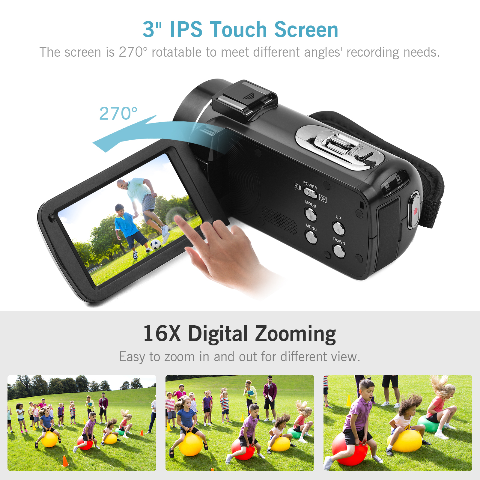 2.7K Ultra HD Digital Video Camera DV Camcorder 36MP 16X Zoom 3-inch Rotatable LCD Touch Screen IR Night Vision Motion Dectection Anti-shaking Time Lapse Slow Motion with 0.39X Wide Angle Lens Re-mote Control 2pcs Re-chargeable Batt-eries. 
