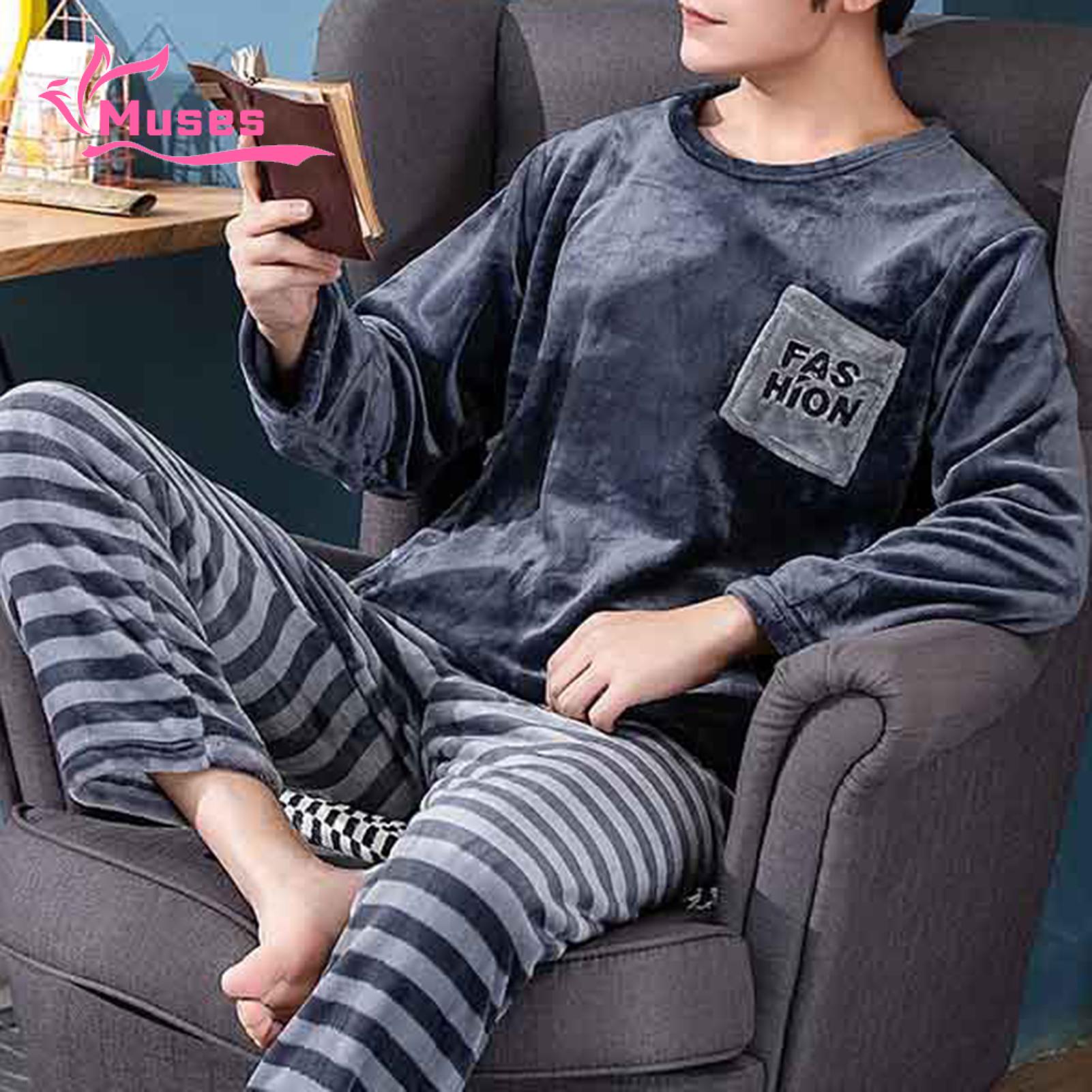 Muses Mall Plus Size Pajama Set Cozy Men's Winter Pajama Set Soft Warm Round Neck Long Sleeve Top with Elastic Waist Pants 2 Pcs/set Elastic Waist Pajama Pants. 