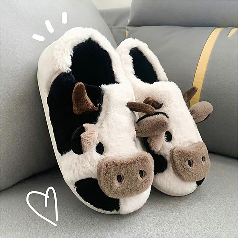 【ZIME】Cyprus Winter Cartoon Couple Slippers Home Fur Slippers Women Warm Cotton Slippers Cute Cow Indoor Thickening. 